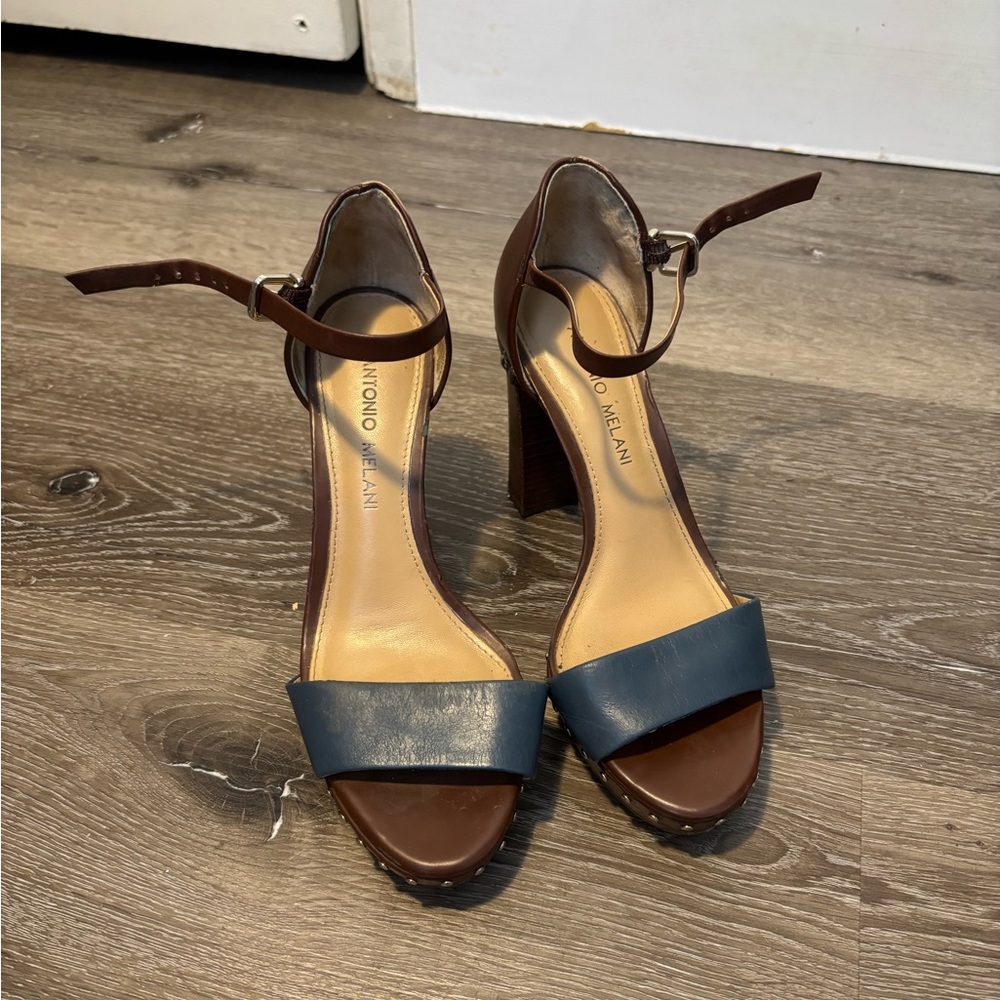 Franco Sarto Brown and Blue Heeled Sandals with Ankle Strap